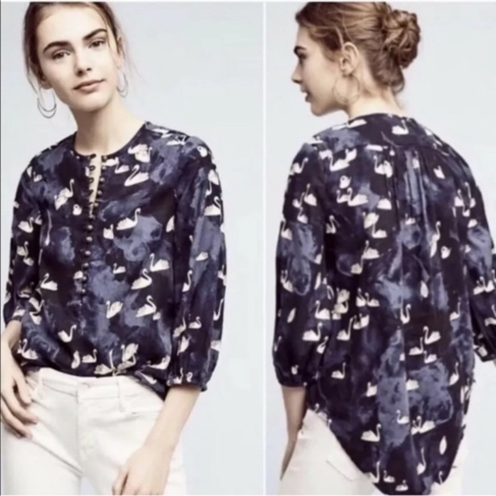 Maeve by Anthropologie Woman’s Navy Blue Swan Print Blouse - Picture 2 of 8